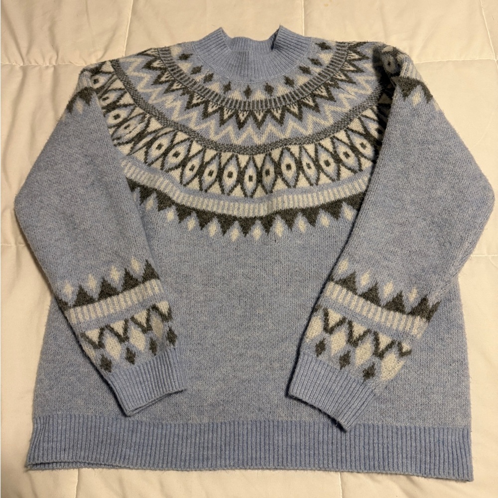 Alfred Dunner Light Blue Geometric Crewneck Sweater